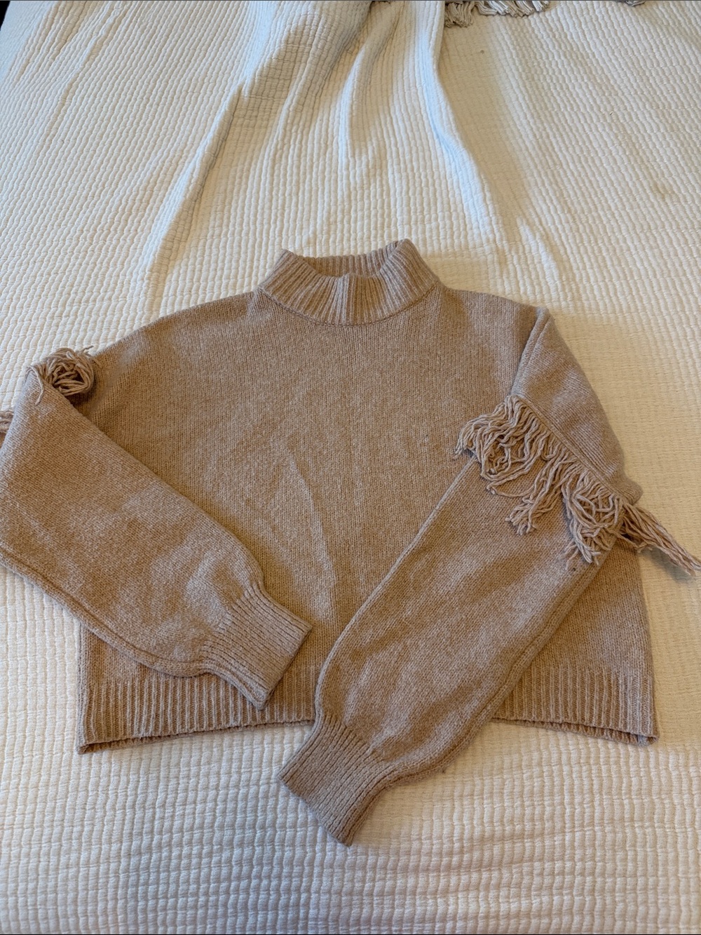 Fringe-Trim Mock Neck Sweater in Beige